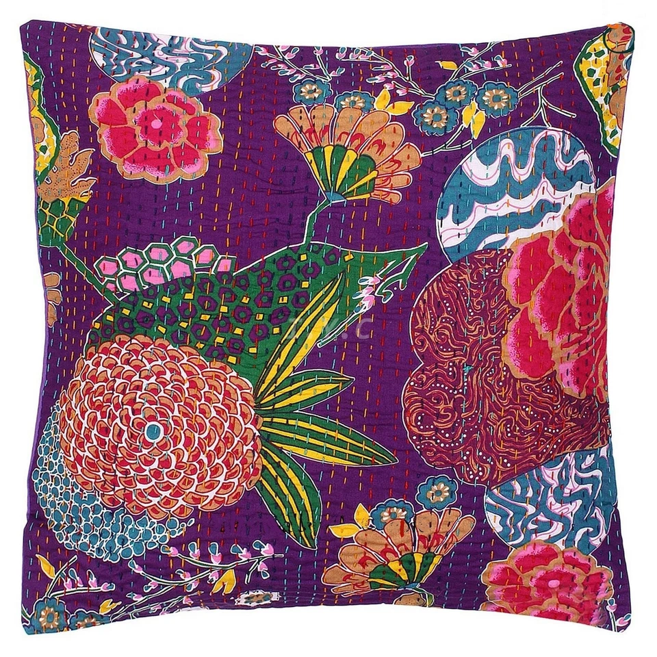 Funda de almohada de algodón con estampado de frutas Kantha vintage de 5 piezas india "16x16" Foto 2 de 4