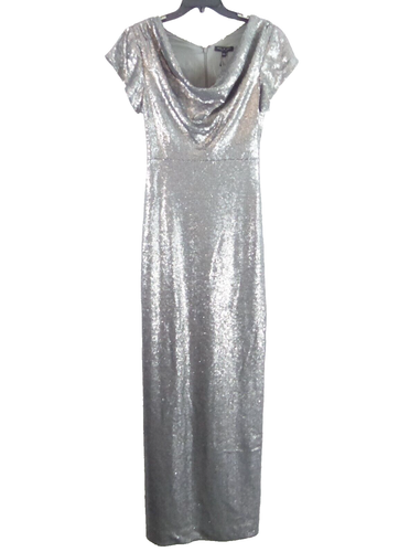 Halston Heritage Women's Cowl Neck Sequin Column Gown Size 4 Metallic - Picture 2 of 12