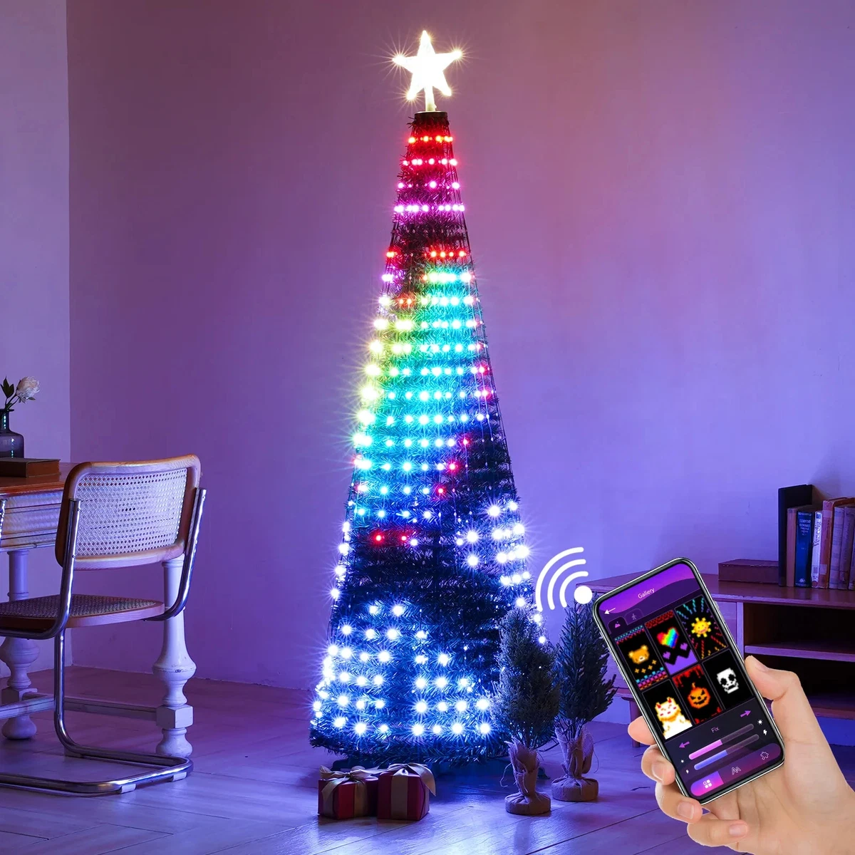 Christmas Tree 6ft With Lights Pre Lit Slim Luxury with Topper Modern RGB LED