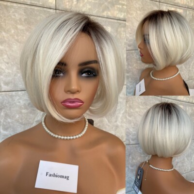 Women Bob Dark Roots Blonde Mix Human Hair Blend Heat Ok Wigs Women Soft