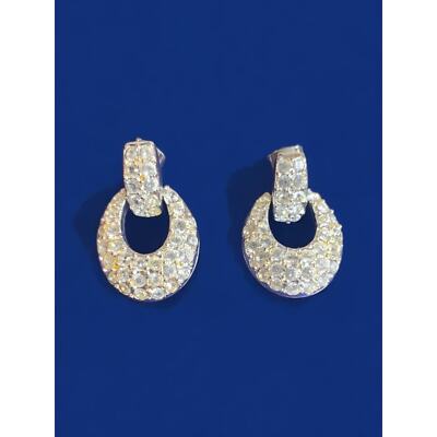 Signed Napier Post Pierced Earrings Doorknocker Silvertone Rhinestone