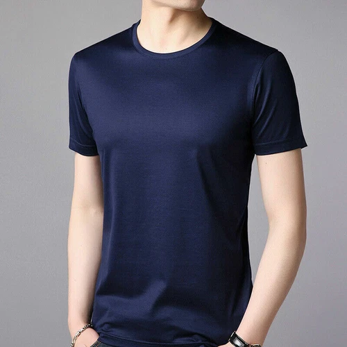 Top de seda color liso cuello redondo de verano manga corta para hombre M-3XL - Imagen 11 de 24
