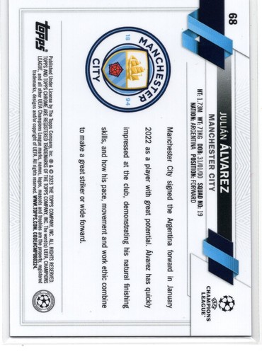 2022-23 Topps Chrome UEFA Sapphire Julian Alvarez # 65 Manchester City Rookie RC - Picture 2 of 2