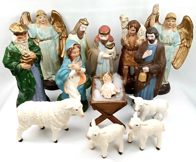 Vintage 1950s Composition Nativity Scene Christmas 13 Piece Set Made In Germany
