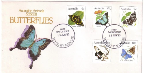 1983 FDC Australia. Butterflies. Animal Series 3. 5 stamp. Various FDI postmarks