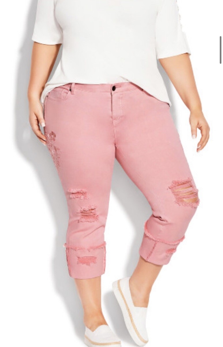 Avenue Capri Pant Pink 24 Plus 3x Stretch Destroyed Frayed