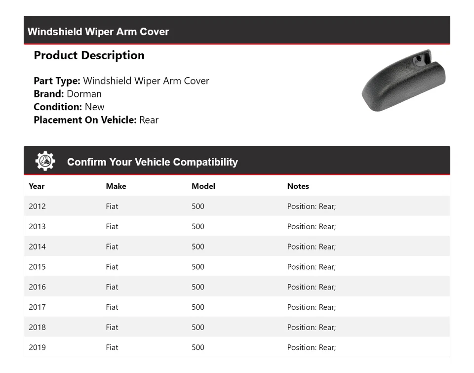 For 2012-2019 Fiat 500 Dorman Windshield Wiper Arm Cover Rear 2013 2014 2015 - Image 2 of 4