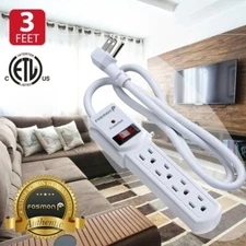 4 Outlet Surge Protector Power Strip Grounded Flat Plug Extension Cord 300J 3FT