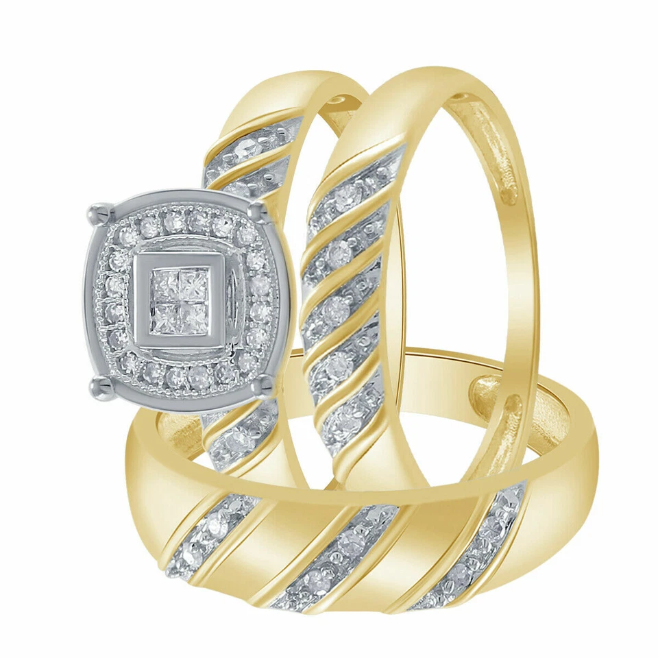 Juego de trío de compromiso de boda de oro amarillo de 10 quilates con diamantes reales de corte redondo de 0,26 quilates Foto 2 de 4