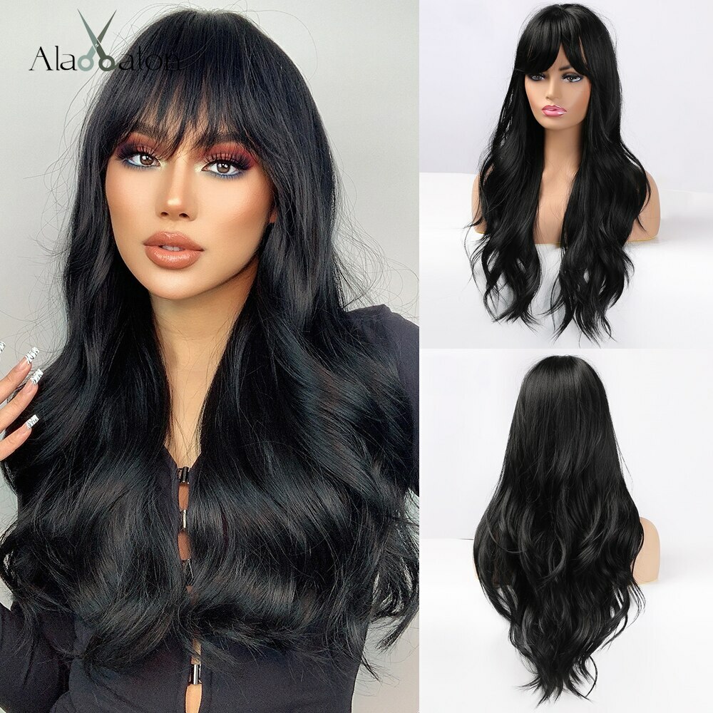 Black Synthetic Hair Wigs with Bangs Natural Long Wavy Wig for