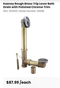 Keeney 606RB Trip Lever Bath Drain, Rough Brass w/ Polished Chrome Trim
