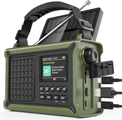 Roxicosly DAB+/DAB/FM Solar Wind Up Radio with 12000mAh DAB/FM, Army Green