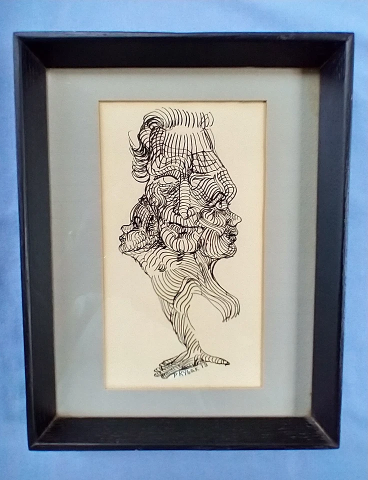 Pintura artística surrealista firmada P Rybak 1973 de colección mediados de siglo pluma y tinta surrealismo Foto 2 de 4