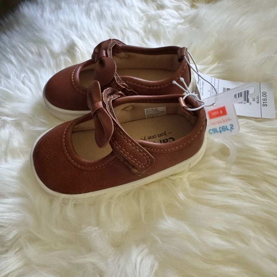 Carter's Brown Mary Jane Dress Baby Shoes with Bow Size 4 - Image 3 of 4