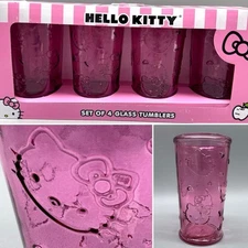 4 Hello Kitty Pink Embossed Tossed Faces Drinking Glass Tumbler Set NIB