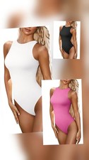 3 Pack Womens Size M Tank Top Bodysuit Ribbed Crew Neck White, Pink, Black NWT