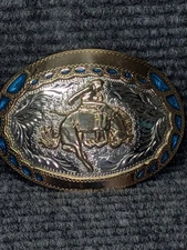 ADM Award Design Medals Brass Belt Buckle Cowboy Bronc Rider Blue Enamel