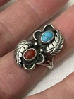 Vtg Native American sterling silver turquoise red coral floral ring Sz7, 6.8g
