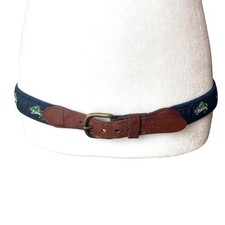 Vintage Navy Ribbon Belt Embroidered Bass Fish Leather Solid Brass Buckle 35 USA