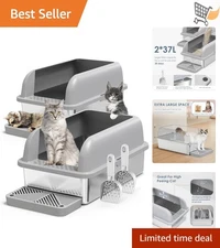 2 Pack Stainless Steel Cat Litter Box Enclosure Large Size Anti-Leak Easy Clean
