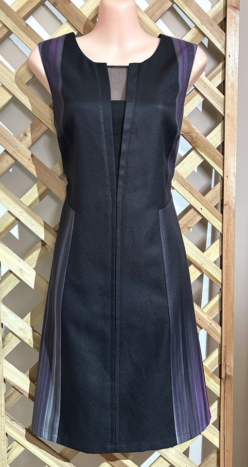 HOWARD SHOWERS Black/Purple Contrast Panels A-Line Dress Mesh V Peek a Boo  10