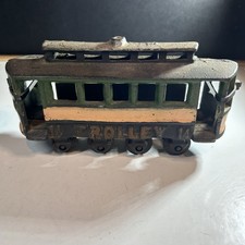 Vintage Cast Iron Toy Trolley Street Car  Green - 14  7.75"l x 2"w x 4"h