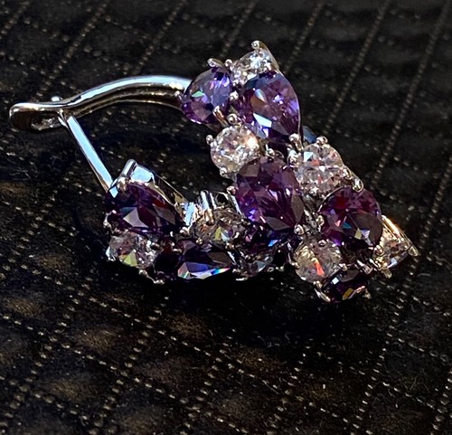 18k White Gold Plated Earrings made w Swarovski Crystal Purple Amethyst Stone - Picture 8 of 12