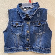 Denim Vest Sleeveless Distressed Jean Jacket Frayed Edges Size 150 Girls
