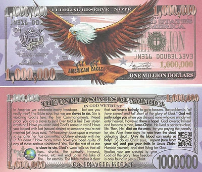 Freedom Eagle Million Dollar Bill Play Funny Money Gospel Tract with FREE SLEEVE