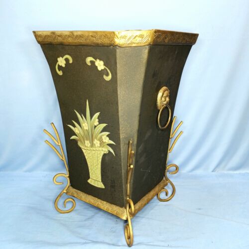 18"Hand Painted Tole Wastebasket Container Planter Bin Lion Handle Cache Pot  - Picture 1 of 7