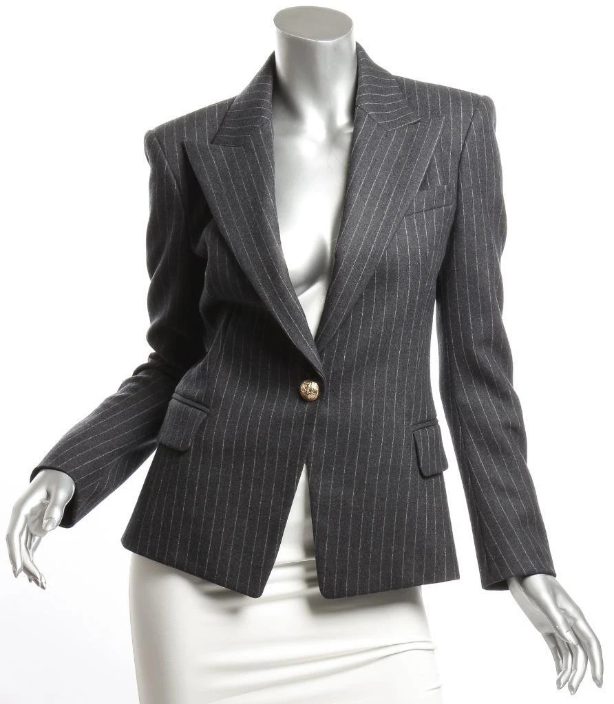 Balmain — BALMAIN Womens Black Pinstripe Gray Wool 1-Button Fitted Jacket Blazer US6 FR38