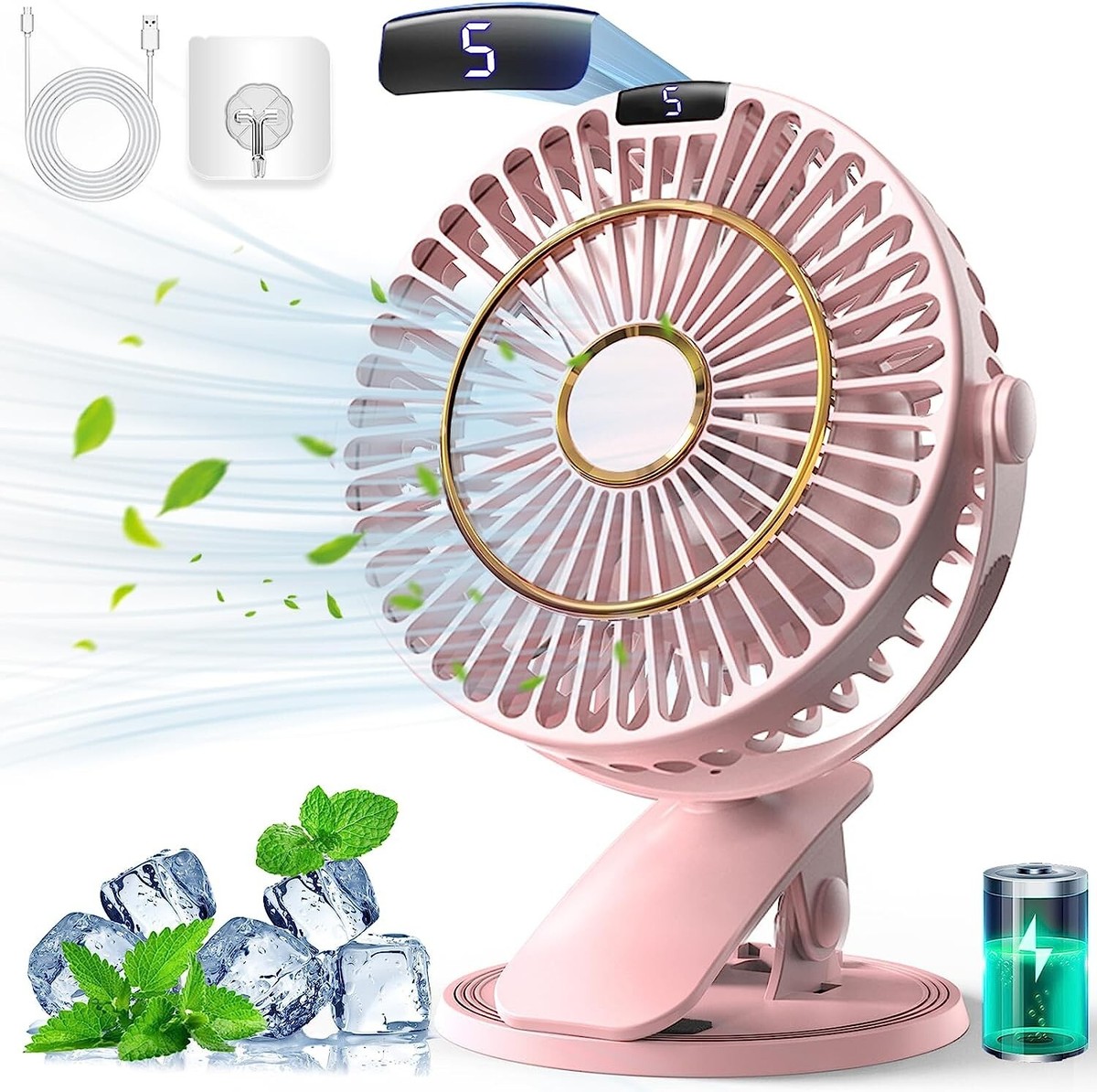 Ventilateur à Pince Rechargeable USB - 5 Vitesses - 720° Rotation - Pour Bureau Bébé Camping