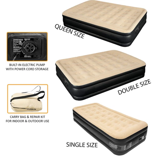 High Raised Inflatable Double Air Bed Mattress Builtin Electric Pump 3 Size Beds