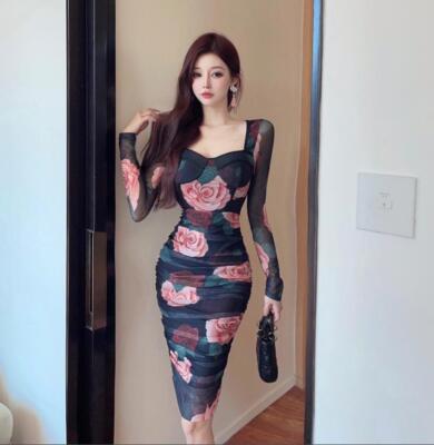 black chenille flowers belted long sleeve mini dress Black Embroidered Flowers Topstitching Long Sleeve Mini Dress