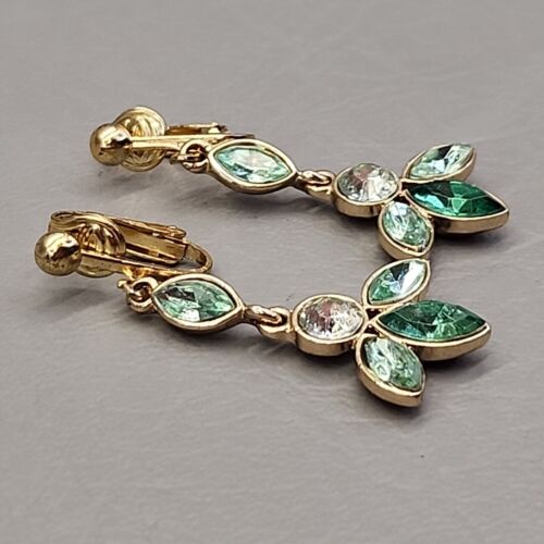 Napier Earrings Vtg Leaf Swirl Green Rhinestone Gold Tone Dangle 1.75" - Picture 4 of 11