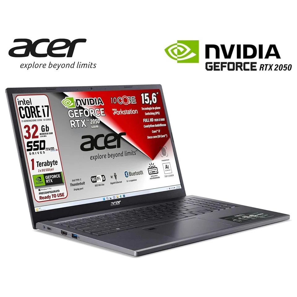 Notebook Acer Intel Core i7-1355U 10 Core RAM 32GB SSD 1TB RTX 2050 Finger Retro - Immagine 2 di 4