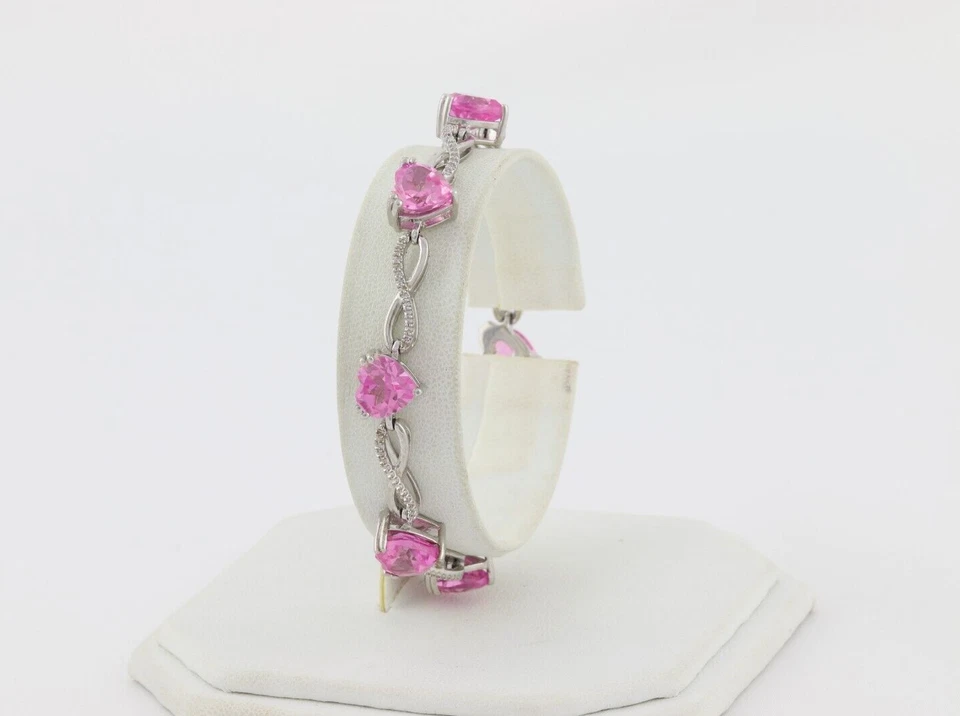 Brazalete de plata esterlina con corazón de zafiro rosa creado en laboratorio de 7 1/4 pulgadas Foto 4 de 4