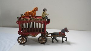Antique-Kenton-Cast-Iron-OVERLAND-CIRCUS-Cage-Wagon-w-Tiger-amp-Driver