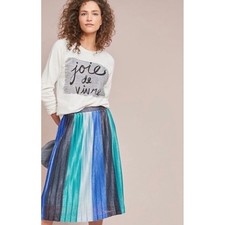 Anthropologie Maeve Sunburst Pleated Midi Skirt in Blue Motif Size Large