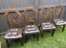 Set of 4 Solid Oak Wheelback Dining Chairs Leather Seat Pads Vintage Farmhouse