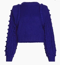 Farm Rio Bright Blue Textured Braided Sweater Pom Poms Small