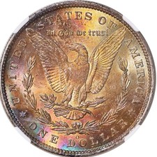 1885 O Morgan Silver Dollar NGC MS 62 Rainbow Toned Reverse