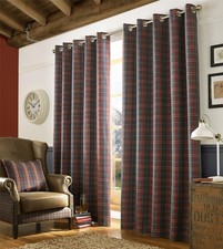 Denim Red Tartan Check Eyelet Curtain Pair 90x54" Fully Lined