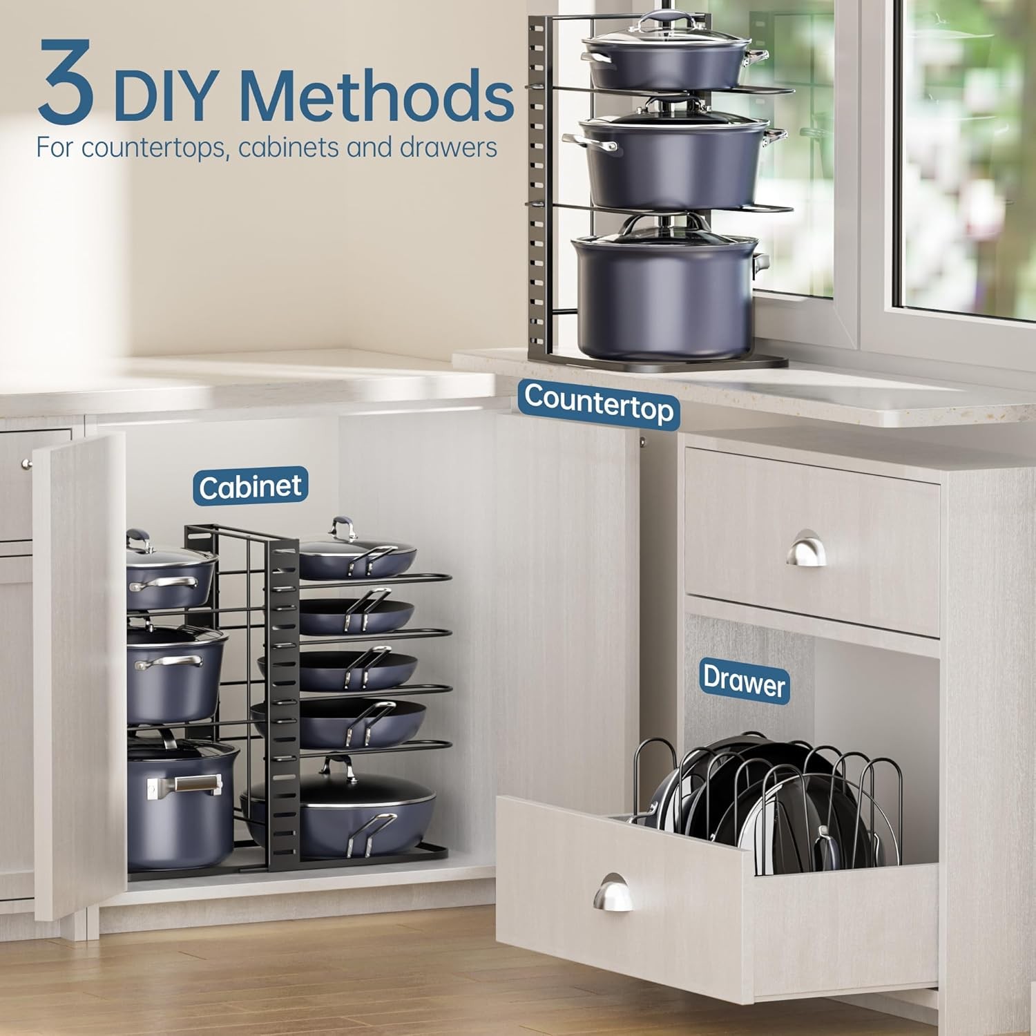 ORDORA Pots and Pans Organizer under Cabinet 14.55 Height, Adjustable 8-Tier Pot
