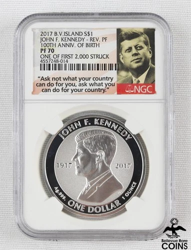 2017 BV Islands John F. Kennedy .999 Silver 1oz Reverse Proof Coin NGC PF70