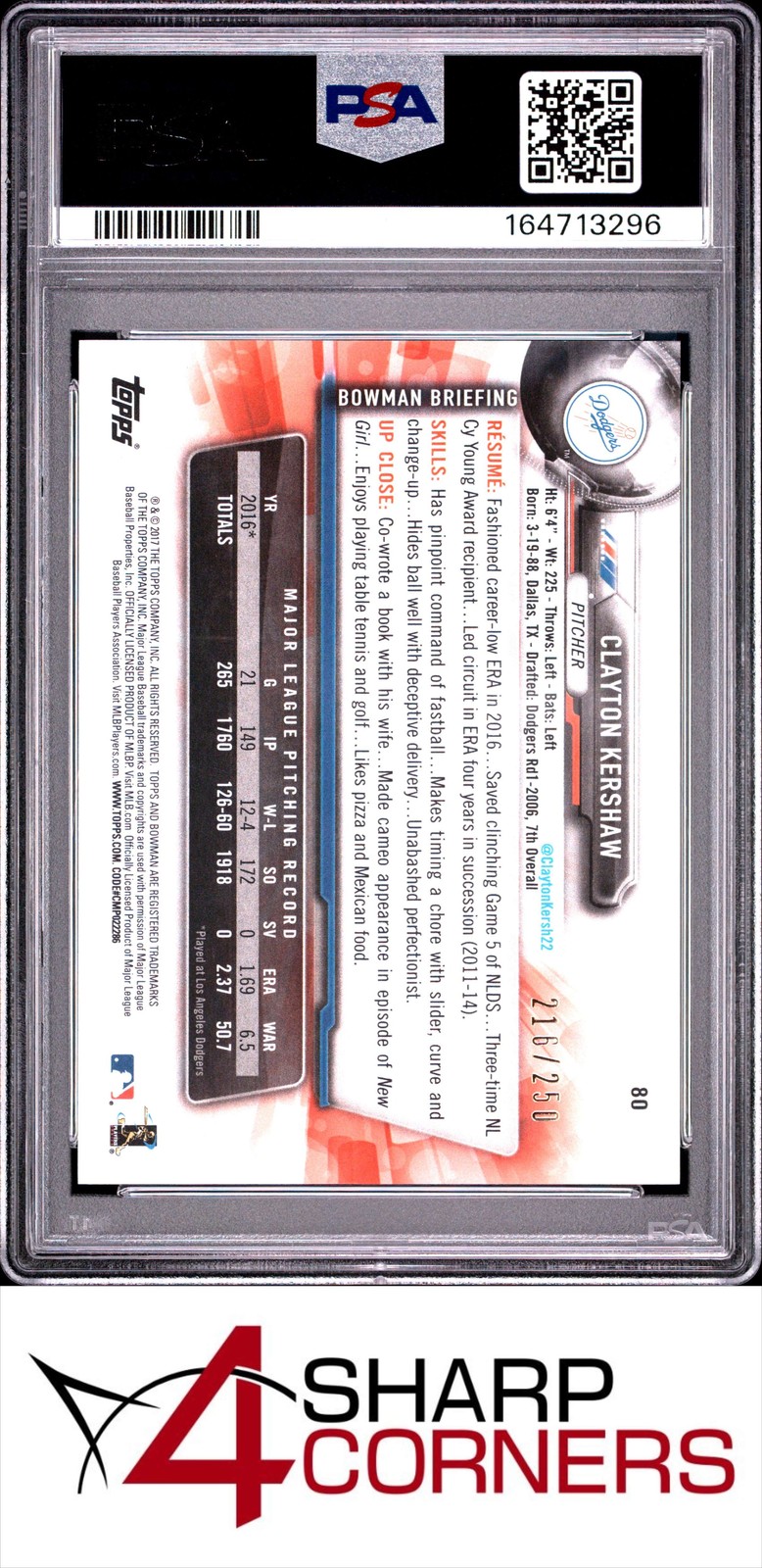 2017 BOWMAN PURPLE #80 CLAYTON KERSHAW DODGERS #/250 POP 1 (NO 10s) PSA 9 view 2