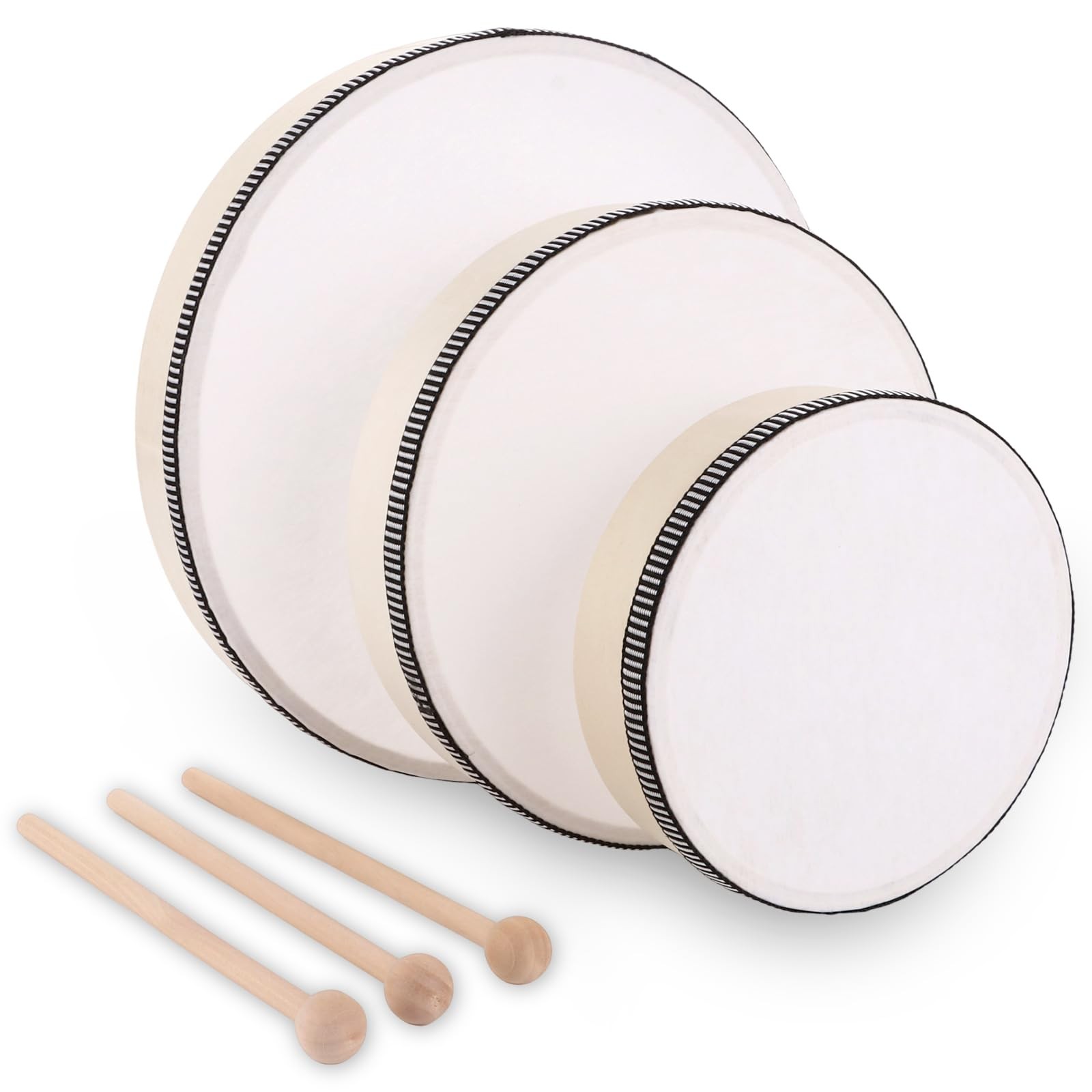 Tambourin à main avec maillet lot de 3 percussions en bois de 15 20 et 25 cm