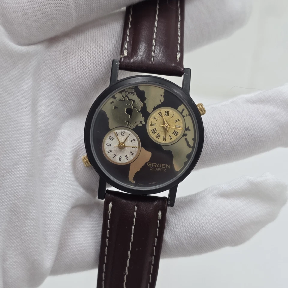 Винтажные кварцевые мужские часы GRUEN DUAL TIME 299-2035 циферблат карта мира НОВЫЙ АККУМУЛЯТОР - Изображение 3 из 4