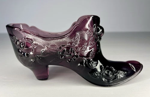 Fenton Amethyst Rose Slipper | Purple  Cabbage Rose High Heel Shoe | Vintage