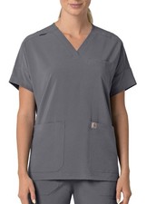Carhartt Womens Large Grey V Neck Force Cross Flex Scrub Top 5 Pocket Modern Fit